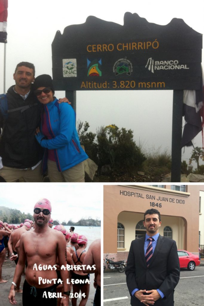 Clockwise from top: Manuel and his wife climbing Chirripo Mountain; Manuel at Hospital San Juan de Dios where he works in infectious diseases; Manuel at an open water swimming event.