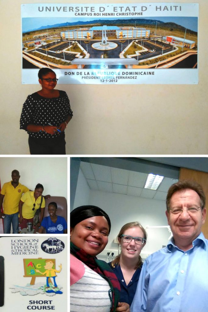 Clockwise from top: Weedgina at the university where she teaches; Weedgina with Dr. Ron Behrens and nurse Angela at the Hospital for Tropical Diseases in London; Weedgina’s student badge at the LSHTM; Weedgina at a blood donation event with her Rotaract Club.