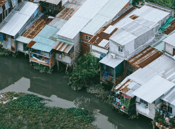 Aerial view of flooded houses